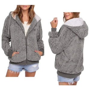 THREAD & SUPPLY | Charcoal Stowe Hooded Drawstrings Sherpa Fluffy Jacket Size S